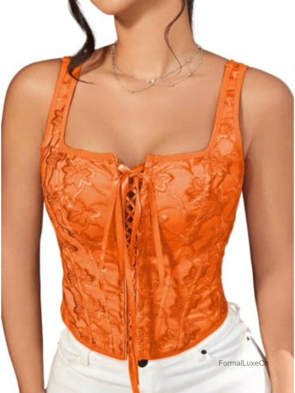 Floral Embroidery Corset Top Lace Up Bustier Square Neck Crop